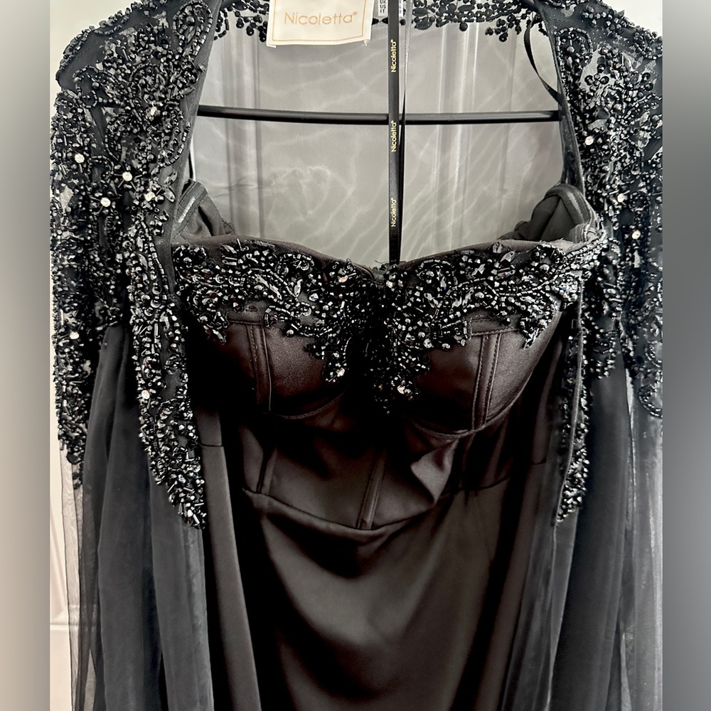 Black Evening gown strapless formal dress with cape for mother of the bride
